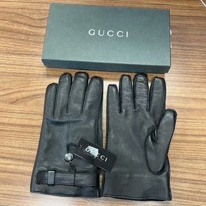 New Gucci Italy black Leather Cashmere Gloves size 10/XL